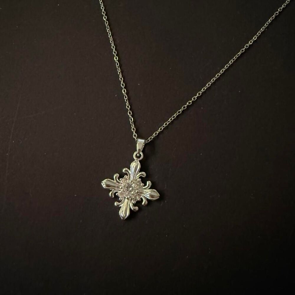 Vintage Baroque Cross Necklace Steel Chain Brass Pendant